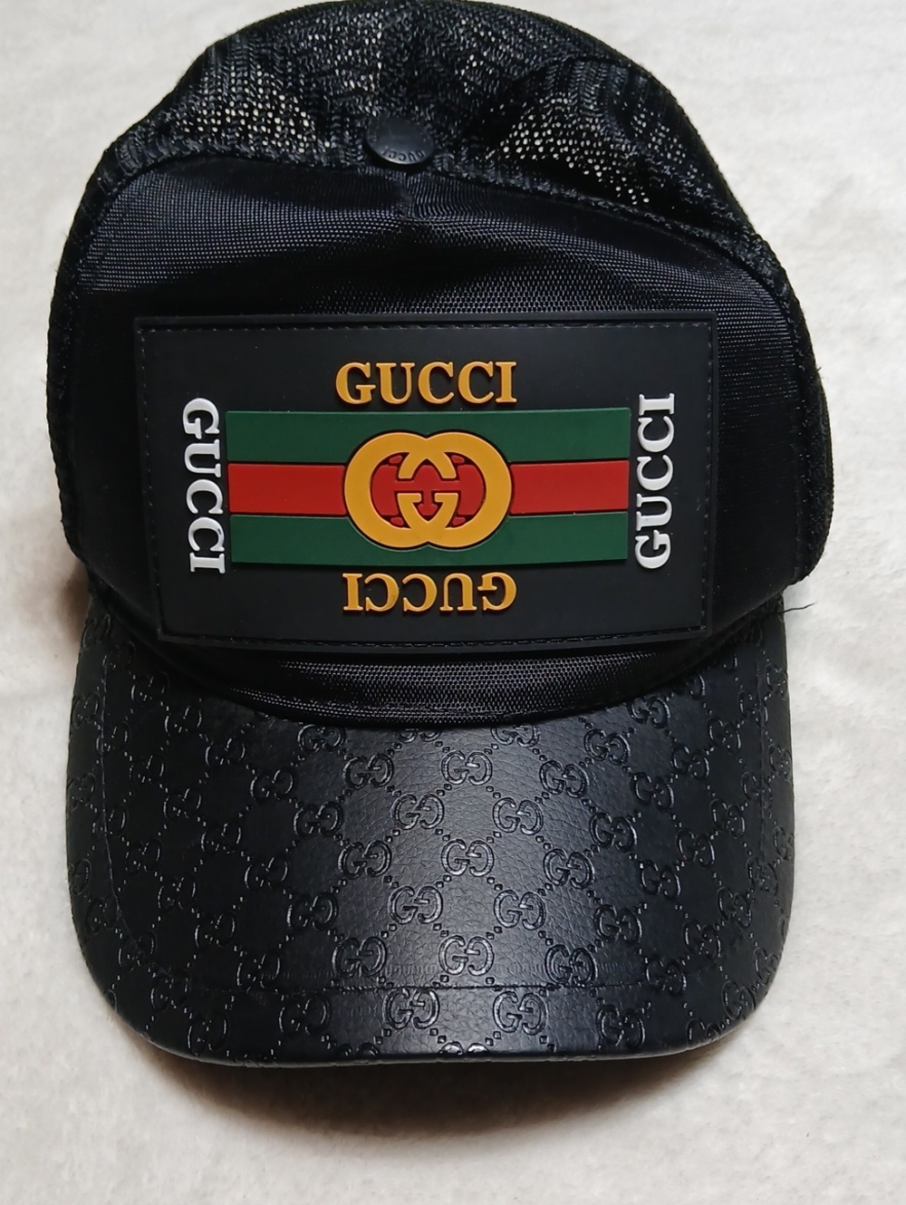 Gucci Black Cap with Red & Green Stripe and Gold Logo Patch